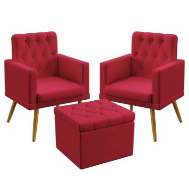 Imagem de 2 Poltronas Nina Com Rodapé E Capitonê Com Puff Quasar Sued Vermelho A