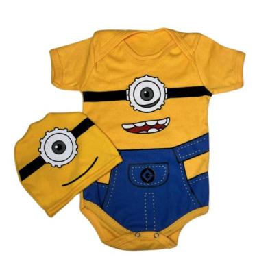 Imagem de Body Fantasia Minions Bebê Feminino Masculino Touca Lacinho - kIDSBEHA