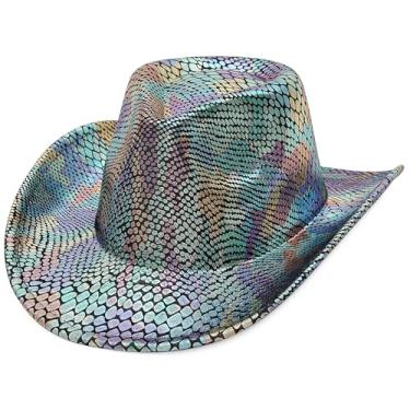 Imagem de EOZY Chapéu de cowboy com glitter para mulheres e homens, chapéu de festa de aniversário, rosa, engraçado, chapéu de vaqueira, chapéu de festa de caubói com, Escama de peixe azul, 7-7 1/4