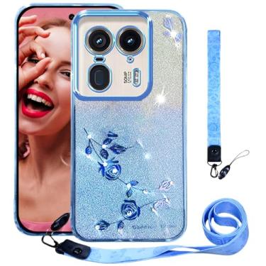 Imagem de CCSmall Capa para Motorola X50 Ultra/Moto Edge 50 Ultra Bling Cordão transversal, pulseira de ombro com flor de diamante brilhante fofa capa protetora para Moto Edge 50 Ultra YSH azul