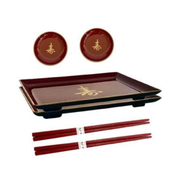 Imagem de Kit 2 Pessoas Jogo Jantar Oriental Molheira Prato Japonês Vermelho - N