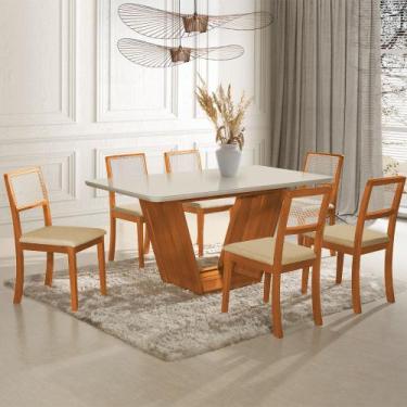 Imagem de Mesa Jantar Safira 160x90 Off White com 6 Cadeiras Palha em Linho Bege