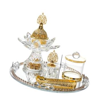 Imagem de IEUDNS Conjunto de queimador de incenso de vidro, decoração de Ramadã com bandeja, jarra de armazenamento e pinças, incensário, suporte de incenso árabe para