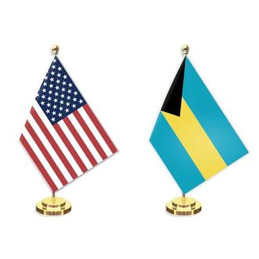 Imagem de Conjunto de 2 bandeiras pequenas para mesa americana das Bahamas, 12 x 20 cm, mini banner de mesa das Bahamas, decoração de poste sólido de metal de 30 cm, faixa de poliéster impressa digital pequena