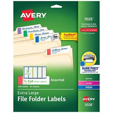 Imagem de Avery 5026 Etiquetas de pasta de arquivo extra grandes, corte 1/3, 15/16 x 3-7/16, sortidas, 450/PK