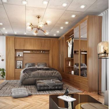 Imagem de Quarto Modulado Casal Completo 6 Peças 6 Portas 5 Gavetas com Maleiro e Espelhos Smart Plus Cinamomo