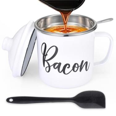 Imagem de Protetor de gordura de bacon com coador – com espátula de silicone de grau alimentício, recipiente grande de gordura rústico esmaltado de 1,304 g, recipiente de gordura de fazenda, guardador, receitas