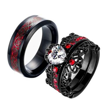 Imagem de Ringcrown Anéis de Casal Banhado a Preto Coração Vermelho Cz Conjuntos de Anéis de Casamento Feminino Anel de Titânio Masculino Alianças de Casamento (Compre 2 Anéis para 1 Par), Cristal Metal Pedra