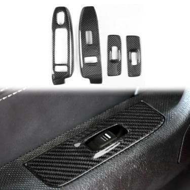 Imagem de 4 peças de painel de botão de elevação de vidro elétrico para porta de carro decoração de fibra de carbono real placa decorativa para Hummer H3 2007 2008 2009 2010 acessórios para interruptores elétri
