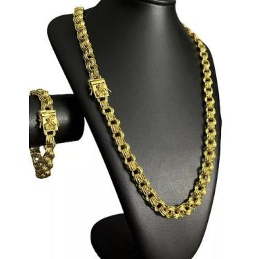 Imagem de Cordão + Pulseira Friso 12Mm Fecho São Jorge Banhado A Ouro - Tojoia18