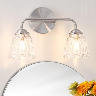 Imagem de Daunton Luminária De Banheiro Vintage, Luminárias De Níquel Para Banheiro Sobre O Espelho, Luminária De Banheiro Elegante Com 2 Luzes, Luminária De Banheiro Com Cúpula De Vidro Em Formato De Flor,
