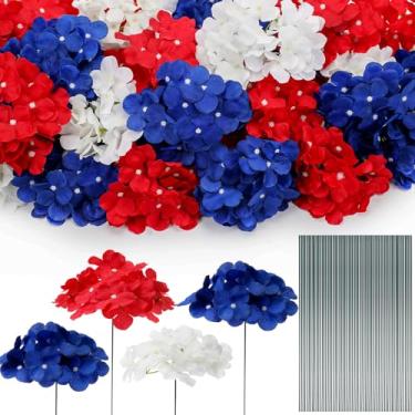 Imagem de XunYee 60 peças de flores artificiais de hortênsia de 4 de julho, hortênsia patriótica, de seda falsa, vermelha, branca, azul, com hastes para decoração de mesa de casa do Dia da Independência
