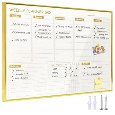 Imagem de Marribol Quadro semanal dourado apagável a seco para parede, quadro de calendário semanal pequeno magnético apagável a seco de 30,5 x 40,6 cm, quadro branco planejador semanal de metal dourado para