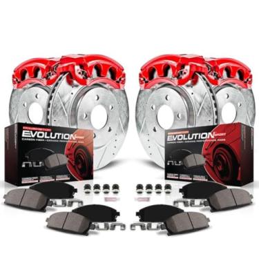 Imagem de Power Stop KC7576 Evolution Sport Kit de pinça dianteira e traseira Rotores perfurados/ranhurados, pastilhas de freio de cerâmica de carbono, pinças