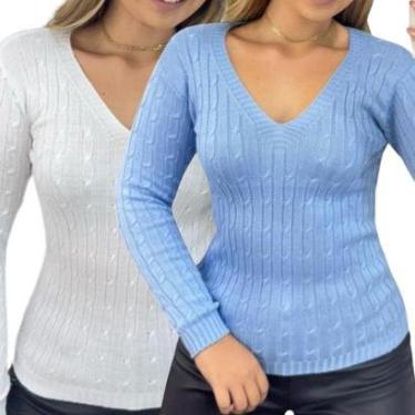 Imagem de Kit 2 Blusas Industrie Femininas Suéter Malha Tricô e Azul Bebê Manga Longa Tamanho:Único;Cor:-Feminino