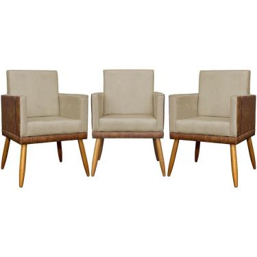 Imagem de Kit 3 Poltronas Decorativas Lis Corino e Pé Palito - Nude Suede Corino