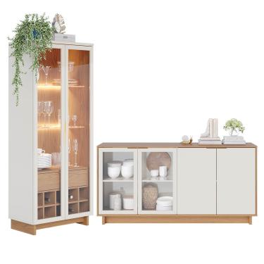 Imagem de Conjunto para Sala de Jantar Buffet Aparador e Cristaleira com Led Off White Freijó Colibri