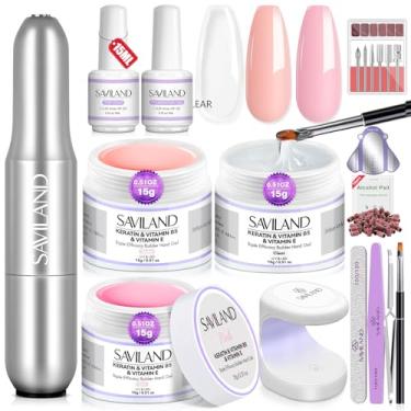 Imagem de SAVILAND Builder Conjunto de gel para unhas com broca de unha - 3 peças de géis rígidos (VE&VB5&Kerain) Gel de unhas rosa transparente Builder Nudes com lâmpada, escova de unhas, géis fortalecedores