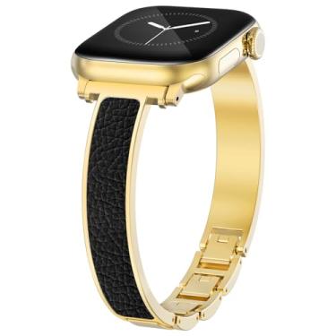 Imagem de WINGLE Pulseiras femininas de couro fino para Apple Watch séries 10/9/8/7/6/5/4/3/2/SE, dourado/preto