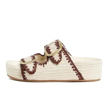 Imagem de Arqa Sandálias plataforma ráfia para mulheres, bico aberto, palmilha de palha natural, deslizante, confortável, casual, ajustável, tira de fivela, tecido plano, sandália de verão, praia, salto cunha