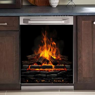 Imagem de BVBOX Adesivo magnético para lava-louças, capa de adesivo reutilizável para painel de geladeira, fácil de aparar eletrodomésticos decorativos 58,4 cm L x 66 cm A (fogueiras, 58,4 cm L x 66 A)