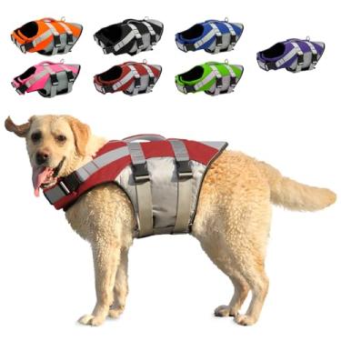 Imagem de Kosgraiy Colete salva-vidas para cães, colete salva-vidas refletivo de alta flutuabilidade, colete de natação ajustável para cães com alça de resgate para natação de barco, maiô flutuante para cães