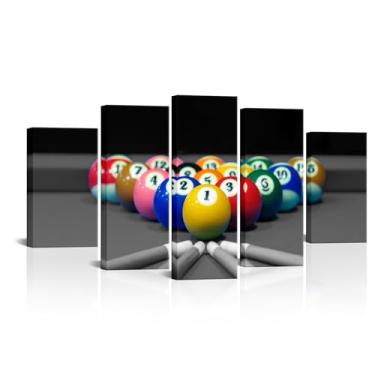 Imagem de VANSEEING Arte de parede em tela de 5 painéis, mesa de sinuca, decoração de parede, preto e branco, bola de bilhar, sinuca, impressões de fotos, decoração moderna e grande, para homens, meninos