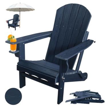 Imagem de Cadeiras dobráveis Adirondack, cadeira de plástico HDPE Adirondack com suporte para copos, resistente ao clima, textura de madeira, cadeiras de fogueira para pátio, jardim, piscina e deck, orifício de