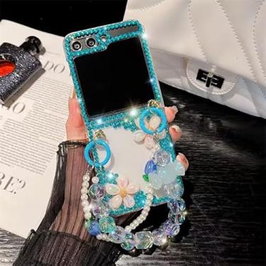 Imagem de Szakdws Capa brilhante com glitter azul para Moto Razr+/Plus 2024 | com corrente, mulheres meninas, fofa, flor pérola diamante cristal strass, feito à mão em 3D, com pulseira de pulseira, chaveiro