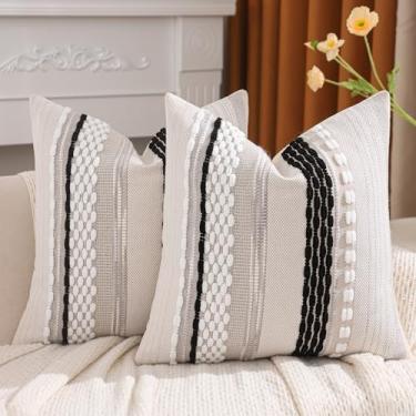 Imagem de Tosleo Conjunto de 2 capas de almofada Boho 45,7 x 45,7 cm, listras pretas e brancas, decoração de chenille, fronhas de chenille, capa de almofada com textura nuetral boêmia