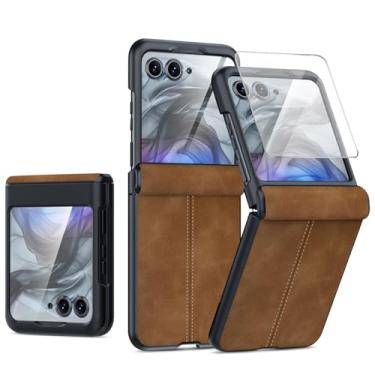 Imagem de AJDJTEN Capa de telefone para Motorola Razr 50, capa moderna à prova de choque com dobradiça de proteção para PC, proteção de tela integrada para Motorola Razr 50 (marrom)