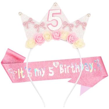 Imagem de SuPoo Decorações de 5º aniversário para meninas, faixa e faixa de cabeça, coroa de flor, laço rosa para meninas, tiara de princesa, linda faixa de cabelo com glitter, 5 anos, decorações de festa