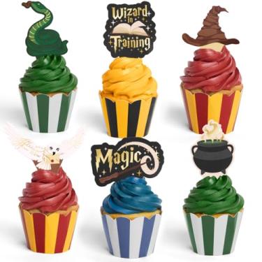 Imagem de xo, Fetti Wizard in Training Cupcake Toppers + Wrappers - Set of 24 | Kids Cake Decoration, Magic Party Decor, Sorcerer Supplies, Dessert Accessory