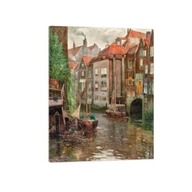 Imagem de Adof Kafmann Imagens de arte de parede em tela - Impressões de arte famosas com moldura de madeira - arte de parede de quarto - reprodução de pintura em tela - barcos no canal 30 x 40 cm 12 x 16