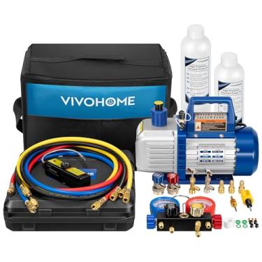 Imagem de VIVOHOME Kit De Bomba Vácuo Hvac 2 Estágios, 110 V, 1/2 Hp, 5 Cfm, E Coletor Ca 4 Vias, Com Detector Vazamento, Mangueiras Pés Para R134A, R12, R22, R502, R410A, Ar Condicionado Automotivo, Refriger