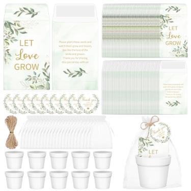 Imagem de HCEWSBFD 60 conjuntos de lembrancinhas de casamento Let Love Grow para convidados, incluindo vaso de flores branco, etiquetas de agradecimento e pacotes de sementes autoadesivos, sacos de presente de
