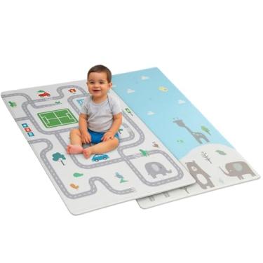 Imagem de Tapete Infantil Dobrável Dupla Face 200x150cm XPE Antiderrapante Lavável – Estampa Educativa e Urso Fofo