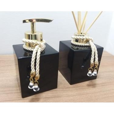 Imagem de Kit Lavabo Aromatizador E Porta Sabonete Líquido - Jogo Para Banheiro Dispenser Organizador - Preto - Luiggi Presentes® (Preto e Dourado)