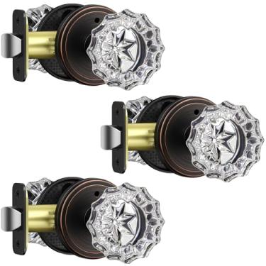 Imagem de MAXECURITY Pacote com 3 maçanetas de porta de cristal, maçanetas de vidro em forma de roseta interior com trava, maçanetas de bronze polido a óleo interior vidro