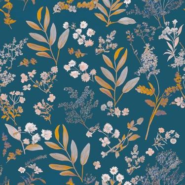 Imagem de Laatse Papel de parede vintage descasque e cole papel de parede floral azul escuro 43 cm x 395 cm papel de contato folha dourada vinil impermeável autoadesivo boho papel de parede botânico para
