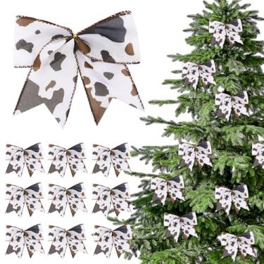 Imagem de Janinka 24 peças de laços de Natal impressos em couro de vaca grande de 15 cm para casa de fazenda, árvore de embrulho, guirlanda, feriado, festa ocidental, artesanato, enfeite de fita de árvore de