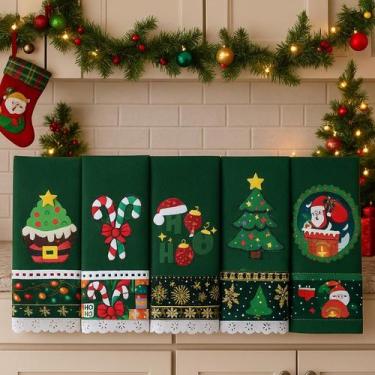 Imagem de Pano de Prato NATAL VERDE Bordado Patchwork Revenda Kit 5 unidades - S