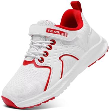 Imagem de YOLARK Tênis infantil para meninos e meninas, tênis de corrida, antiderrapante, caminhada, caminhada, leve, respirável, esportivo, atlético, Branco, vermelho, 17