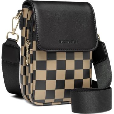 Imagem de BOSTANTEN Bolsas pequenas transversais femininas para celular, carteira de couro com compartimentos para cartões, A09-xadrez preto com café