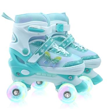 Imagem de Patins de patins para meninas 4 tamanhos ajustáveis quadriciclos para crianças de 3 a 12 anos, presente de aniversário infantil, patinhas borboletas para niñas, verde com rodas iluminadas