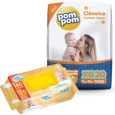 Imagem de Kit 01 Pacote Fraldas Descartáveis PomPom P M G XG + 140 Lenços Toalhas Umedecidos para Bebê UPA (X-Grande)