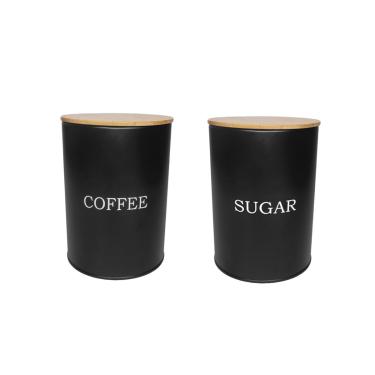 Imagem de Pote Cafe Açucar Porta Mantimento Aço Preto Tampa Bambu Lata