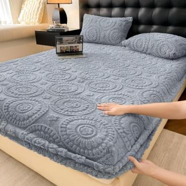 Imagem de Lençol com elástico de veludo fofo e quente para o inverno, capa de colchão de flanela macia, fácil de cuidar, protetor de cama confortável - Azul||180 x 200 cm