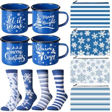 Imagem de Baderke Conjunto de 4 canecas esmaltadas para presentes de Natal, 4 peças, sacos de maquiagem de Natal, sacos de presentes de Papai Noel e 4 peças de meias de Papai Noel para família mulheres amigas