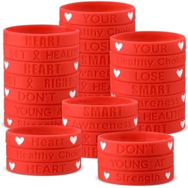 Imagem de PullCrease 50 pulseiras vermelhas de borracha de silicone para conscientização da saúde do coração, 10 estilos com frases inspiradoras para apoio à campanha do mês de saúde de doenças cardíacas